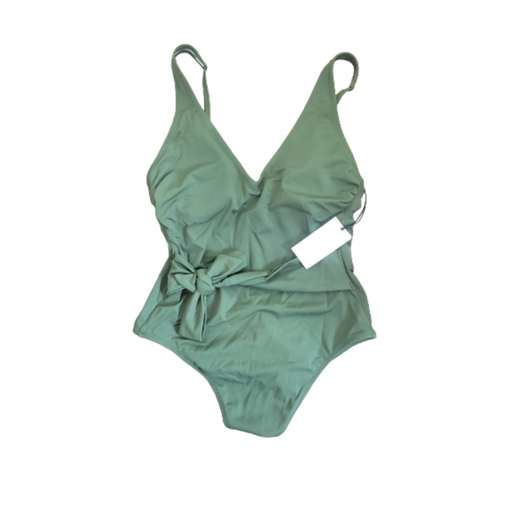 Shade & Shore Women's Plunge Tie-Front Wrap One Piece Swimsuit Green Size S